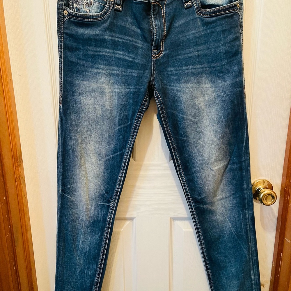 Rock Revival Blue Skinny Jeans with Decorative Stitching - Picture 3 of 6